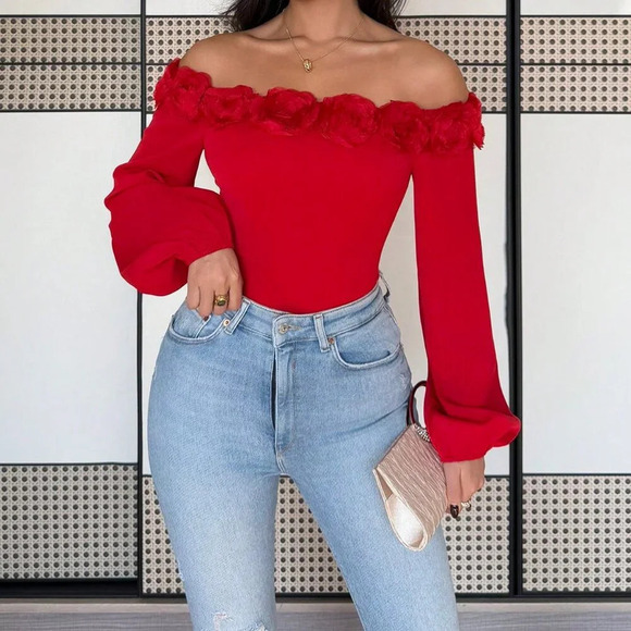 Red Casual Women's Elegant Fitted Off Shoulder Lantern Sleeve Blouse - Picture 6 of 6